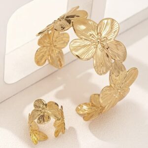 floral bangle and ring set golden